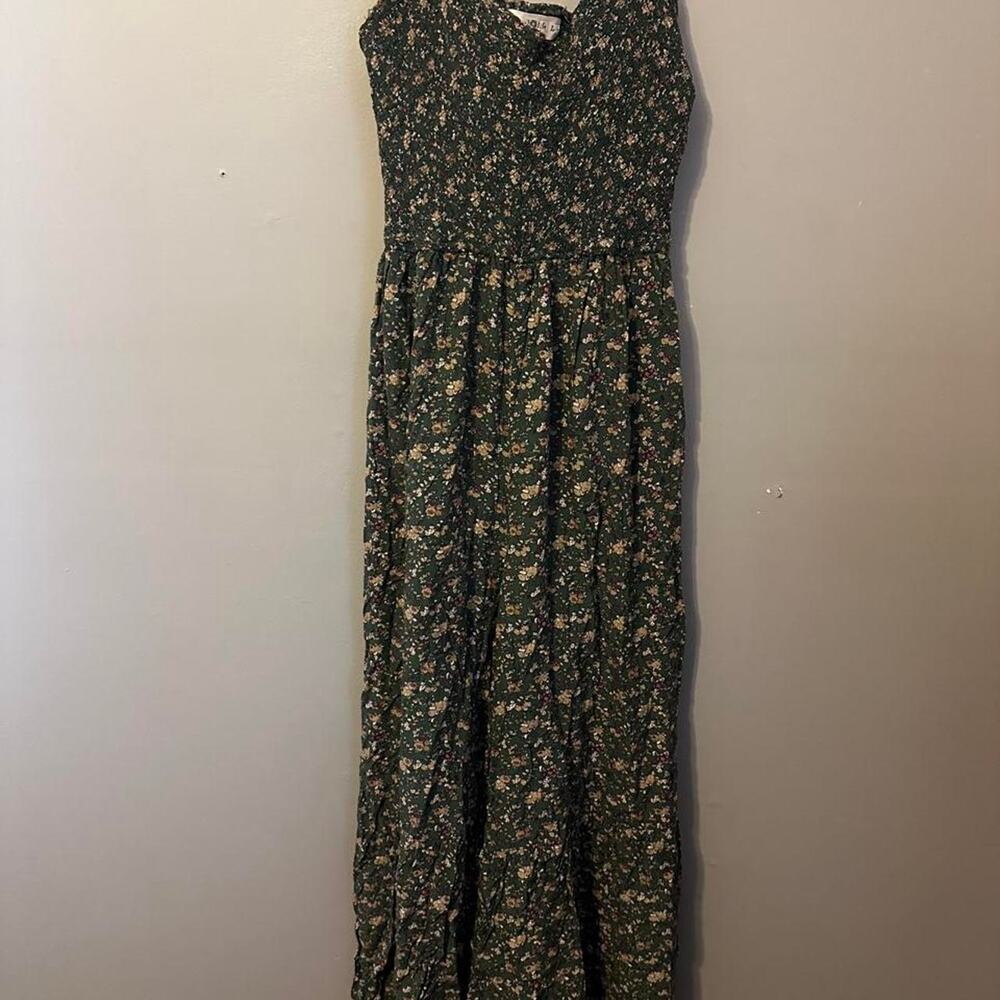 Natural Life Floral Maxi jumpsuit Size L Green Boho Cottagecore Spaghetti Strap